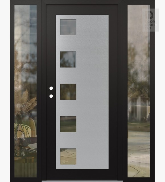 Modern Steel Front Door Diamond C5 68" x 80" black/black clear Glass Panel stainless steel RHI with 2 Sidelites clear Glass