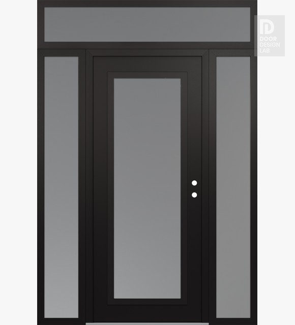 Modern Steel Front Door Diamond C1 68" x 96" black/white frosted Glass Panel black LHI with 2 Sidelites and Transom frosted Glass