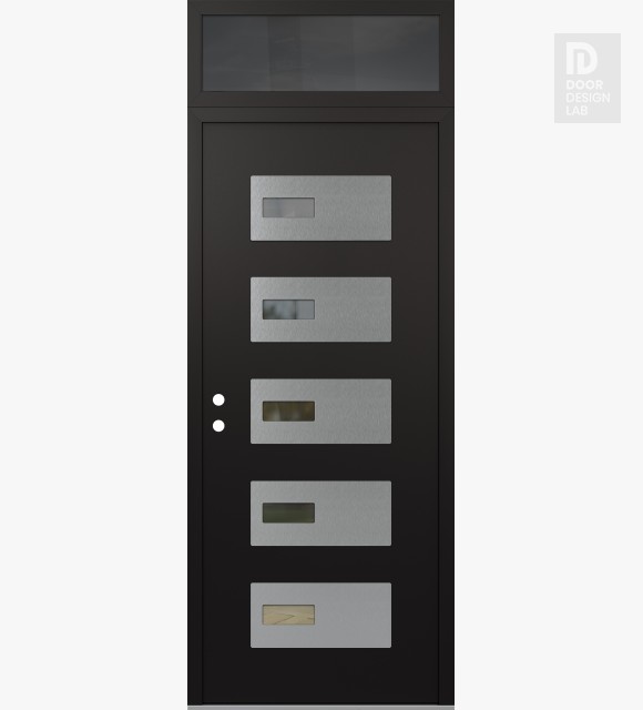 Modern Steel Front Door Diamond D7 36" x 96" black/black clear Glass Panel stainless steel RHI with Transom mirrored Glass