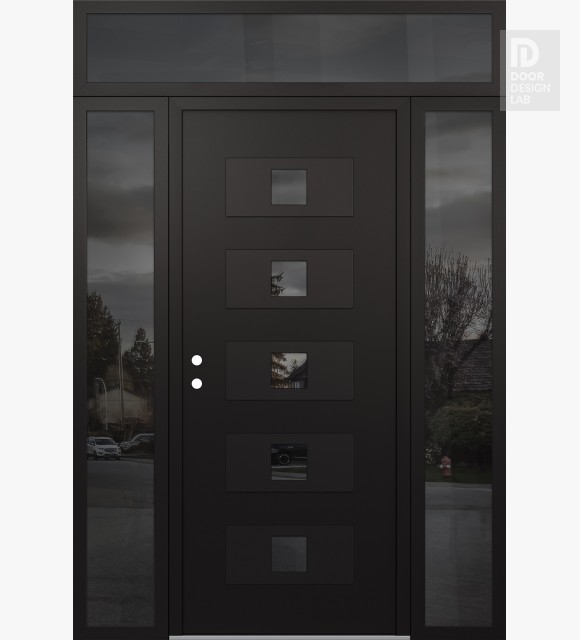 Modern Steel Front Door Diamond D8 60" x 96" black/black mirrored Glass Panel black RHI with 2 Sidelites and Transom mirrored Glass