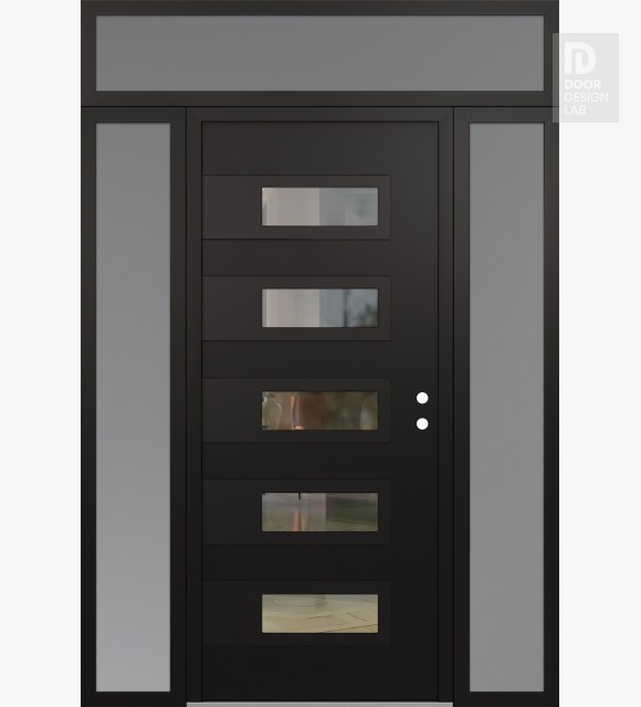 Modern Steel Front Door Diamond D3 68" x 96" black/black clear Glass Panel black LHI with 2 Sidelites and Transom frosted Glass