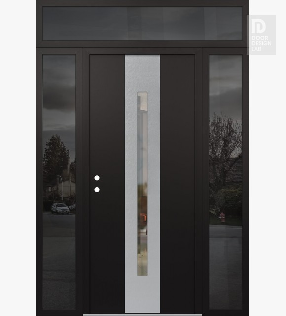 Modern Steel Front Door DIAMOND A2 68" X 96" BLACK/BLACK CLEAR GLASS PANEL STAINLESS STEEL RHI WITH 2 SIDELITES AND TRANSOM MIRRORED GLASS