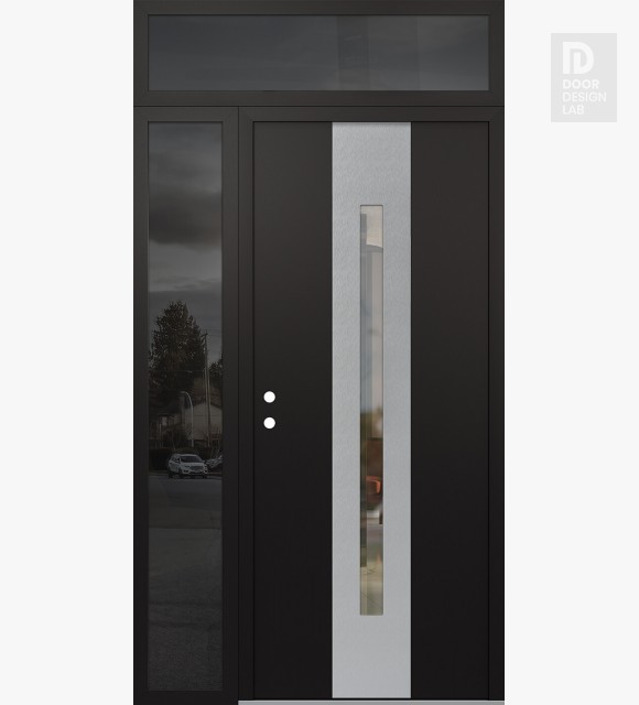 Modern Steel Front Door DIAMOND A2 50" X 96" BLACK/BLACK CLEAR GLASS PANEL STAINLESS STEEL RHI WITH SIDELITE AND TRANSOM MIRRORED GLASS
