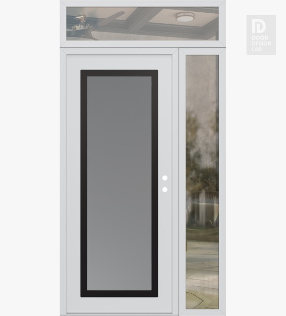 Modern Steel Front Door Diamond C1 50" x 96" white/white frosted Glass Panel black LHI with Sidelite and Transom clear Glass