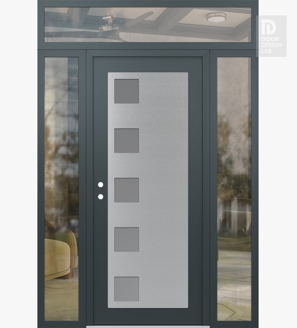 Modern Steel Front Door Diamond C5 60" x 96" anthracite/anthracite frosted Glass Panel stainless steel RHI with 2 Sidelites and Transom clear Glass