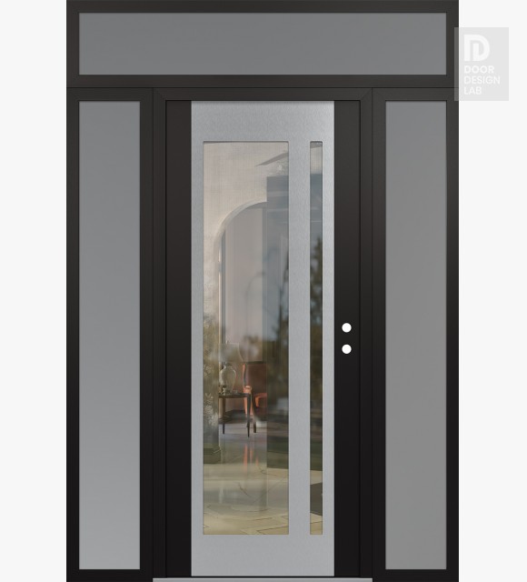 Modern Steel Front Door Diamond C15 64" x 96" black/black clear Glass Panel stainless steel LHI with 2 Sidelites and Transom frosted Glass