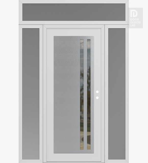 Modern Steel Front Door Diamond C6 64" x 96" white/white clear Glass Panel stainless steel LHI with 2 Sidelites and Transom frosted Glass