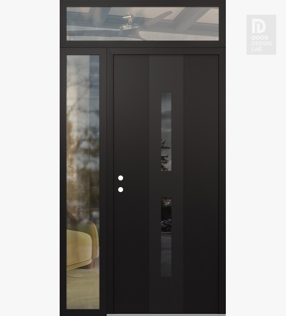 Modern Steel Front Door DIAMOND A6 50" X 96" BLACK/BLACK MIRRORED GLASS PANEL BLACK RHI WITH SIDELITE AND TRANSOM CLEAR GLASS