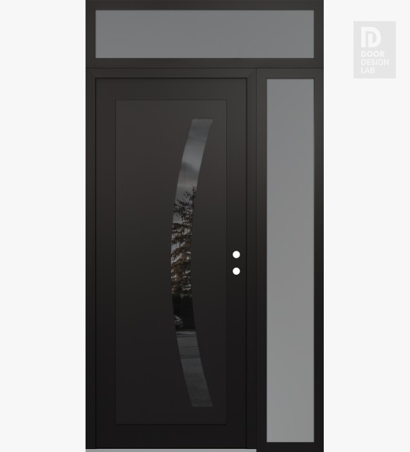 Modern Steel Front Door Diamond C4 52" x 96" black/black mirrored Glass Panel black LHI with Sidelite and Transom frosted Glass