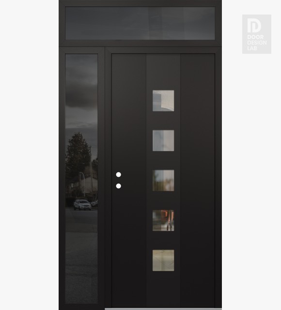 Modern Steel Front Door DIAMOND A13 52" X 96" BLACK/BLACK CLEAR GLASS PANEL BLACK RHI WITH SIDELITE AND TRANSOM MIRRORED GLASS