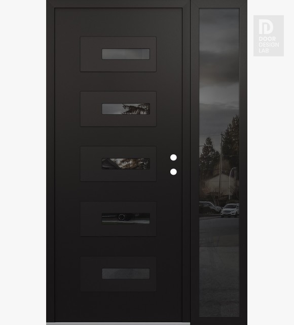 Modern Steel Front Door Diamond D6 52" x 80" black/black mirrored Glass Panel black LHI with Sidelite mirrored Glass