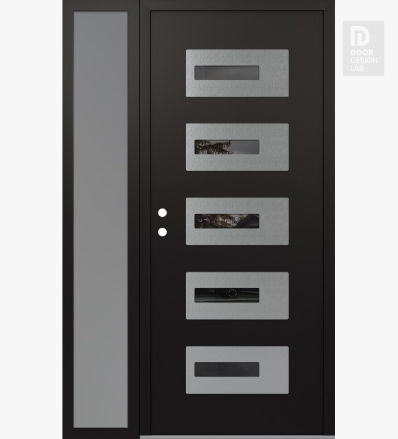 Modern Steel Front Door Diamond D6 52" x 80" black/black mirrored Glass Panel stainless steel RHI with Sidelite frosted Glass