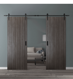 DOUBLE BARN DOOR PALLADIO GRAY OAK 60" X 84" X 1 9/16" SOLID CORE BLACK HARDWARE