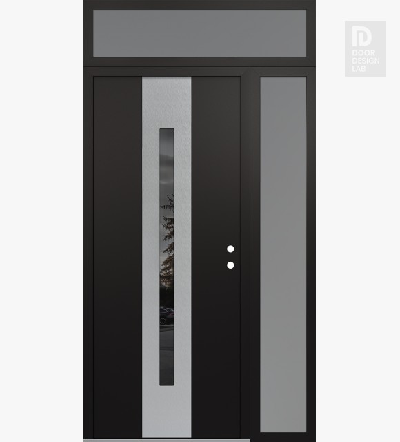 Modern Steel Front Door DIAMOND A2 48" X 96" BLACK/BLACK MIRRORED GLASS PANEL STAINLESS STEEL LHI WITH SIDELITE AND TRANSOM FROSTED GLASS
