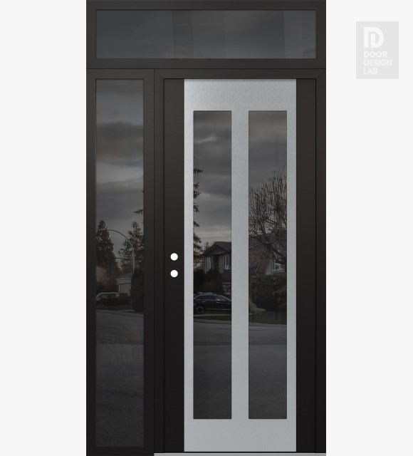 Modern Steel Front Door Diamond C14 52" x 96" black/black mirrored Glass Panel stainless steel RHI with Sidelite and Transom mirrored Glass