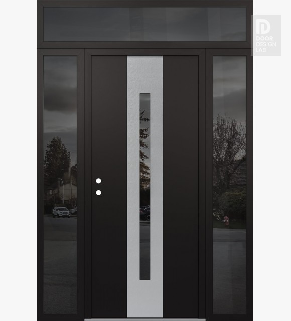 Modern Steel Front Door DIAMOND A2 68" X 96" BLACK/BLACK MIRRORED GLASS PANEL STAINLESS STEEL RHI WITH 2 SIDELITES AND TRANSOM MIRRORED GLASS