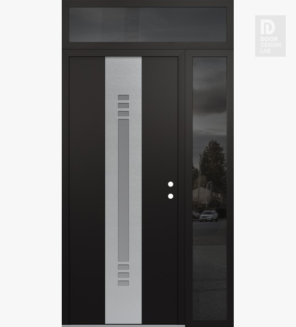 Modern Steel Front Door DIAMOND A5 52" X 96" BLACK/WHITE FROSTED GLASS PANEL STAINLESS STEEL LHI WITH SIDELITE AND TRANSOM MIRRORED GLASS