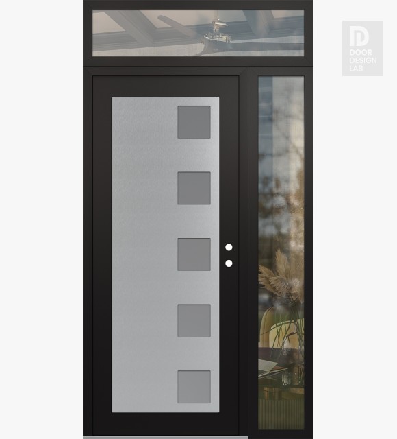 Modern Steel Front Door Diamond C5 50" x 96" black/white frosted Glass Panel stainless steel LHI with Sidelite and Transom clear Glass
