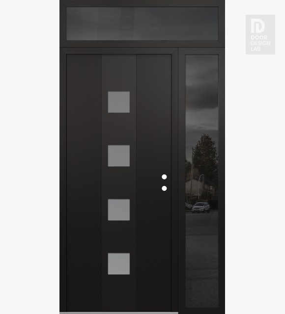 Modern Steel Front Door DIAMOND A12 52" X 96" BLACK/WHITE FROSTED GLASS PANEL BLACK LHI WITH SIDELITE AND TRANSOM MIRRORED GLASS