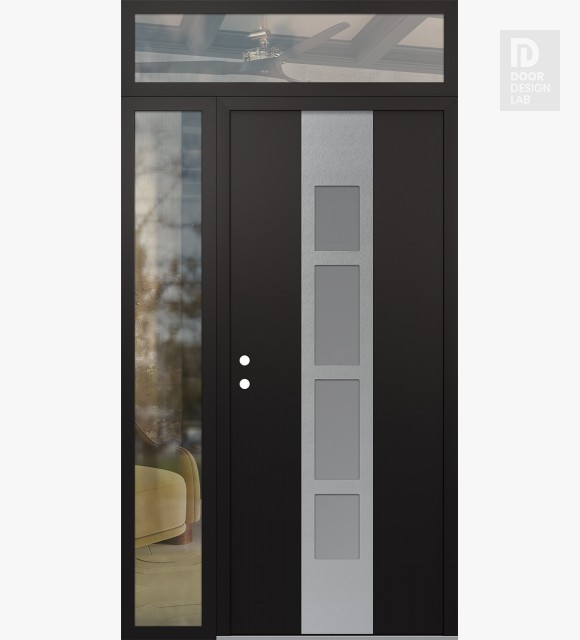 Modern Steel Front Door DIAMOND A10 52" X 96" BLACK/WHITE FROSTED GLASS PANEL STAINLESS STEEL RHI WITH SIDELITE AND TRANSOM CLEAR GLASS