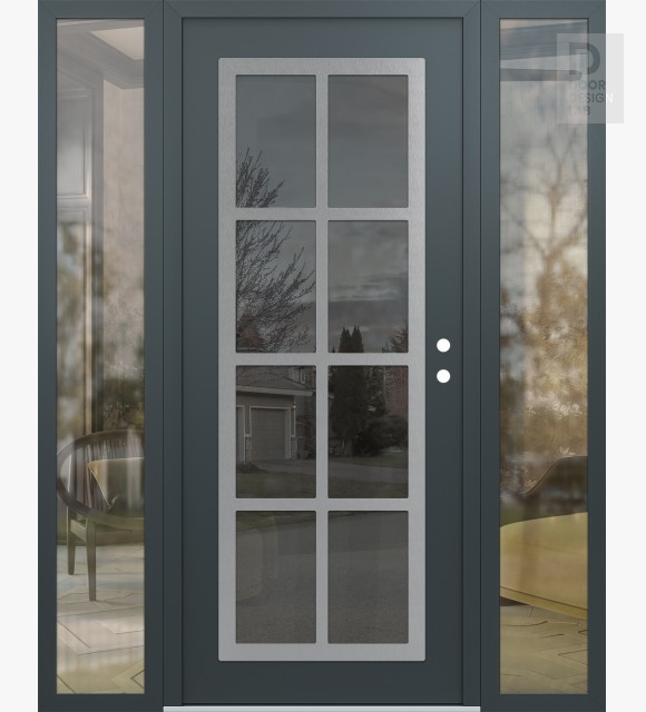 Modern Steel Front Door Diamond C16 64" x 80" anthracite/anthracite mirrored Glass Panel stainless steel LHI with 2 Sidelites clear Glass