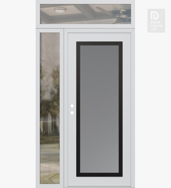Modern Steel Front Door Diamond C1 50" x 96" white/white frosted Glass Panel black RHI with Sidelite and Transom clear Glass