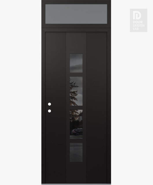 Modern Steel Front Door DIAMOND A10 36" X 96" BLACK/BLACK MIRRORED GLASS PANEL BLACK RHI WITH TRANSOM FROSTED GLASS
