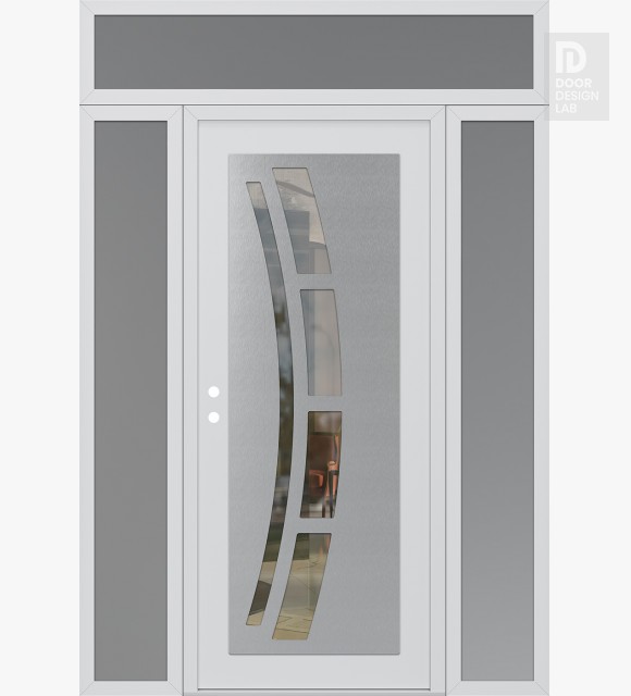 Modern Steel Front Door Diamond C12 68" x 96" white/white clear Glass Panel stainless steel RHI with 2 Sidelites and Transom frosted Glass
