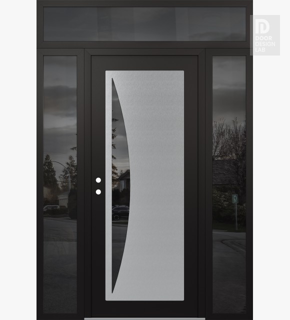 Modern Steel Front Door Diamond C13 60" x 96" black/black mirrored Glass Panel stainless steel RHI with 2 Sidelites and Transom mirrored Glass