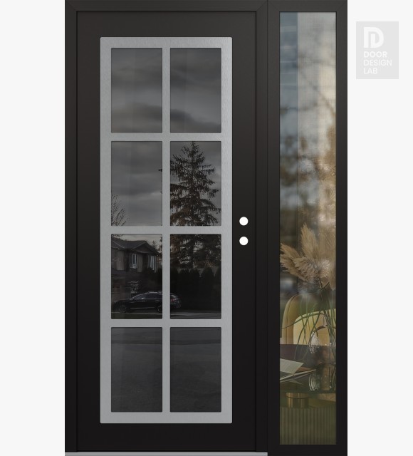 Modern Steel Front Door Diamond C16 52" x 80" black/black mirrored Glass Panel stainless steel LHI with Sidelite clear Glass