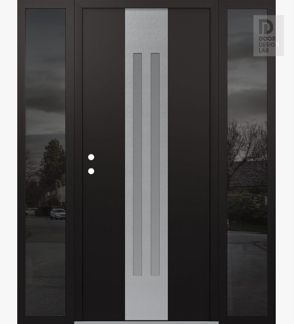 Modern Steel Front Door DIAMOND A8 68" X 80" BLACK/WHITE FROSTED GLASS PANEL STAINLESS STEEL RHI WITH 2 SIDELITES MIRRORED GLASS