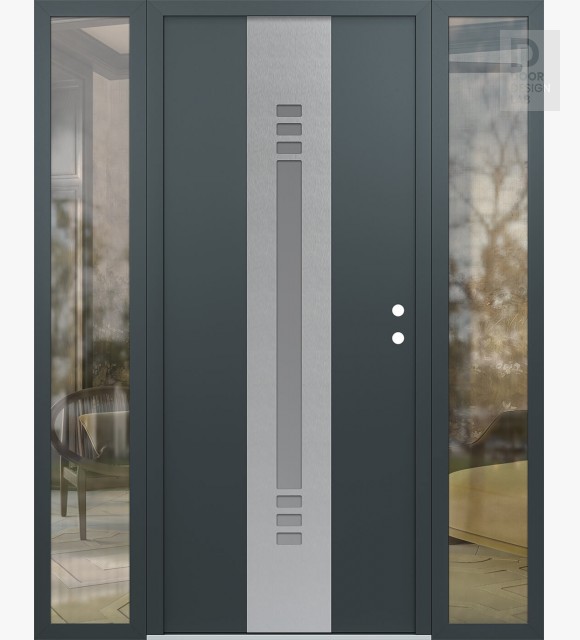 Modern Steel Front Door DIAMOND A5 60" X 80" ANTHRACITE/ANTHRACITE FROSTED GLASS PANEL STAINLESS STEEL LHI WITH 2 SIDELITES CLEAR GLASS