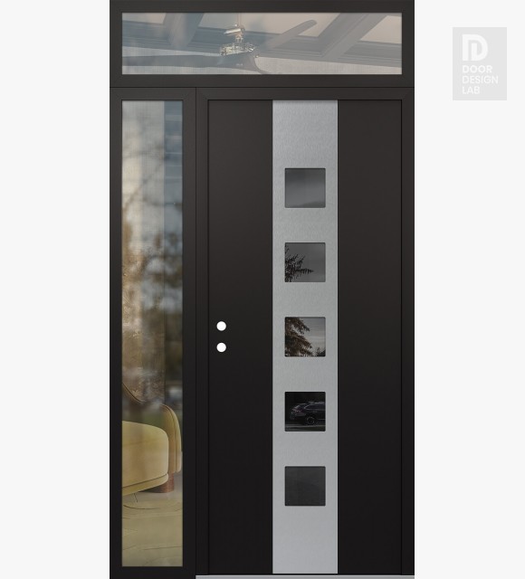 Modern Steel Front Door DIAMOND A13 52" X 96" BLACK/BLACK MIRRORED GLASS PANEL STAINLESS STEEL RHI WITH SIDELITE AND TRANSOM CLEAR GLASS