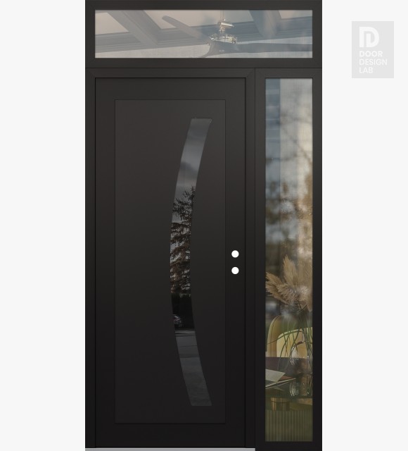Modern Steel Front Door Diamond C4 52" x 96" black/black mirrored Glass Panel black LHI with Sidelite and Transom clear Glass