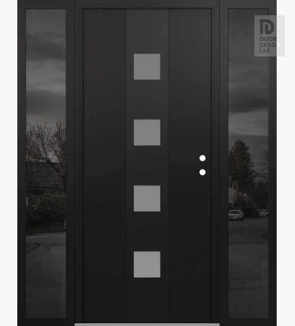 Modern Steel Front Door DIAMOND A12 68" X 80" BLACK/WHITE FROSTED GLASS PANEL BLACK LHI WITH 2 SIDELITES MIRRORED GLASS