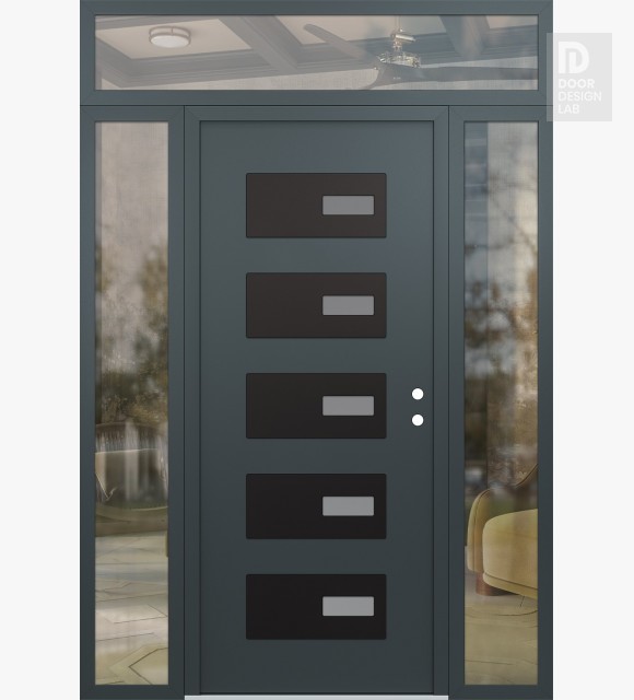 Modern Steel Front Door Diamond D7 64" x 96" anthracite/anthracite frosted Glass Panel black LHI with 2 Sidelites and Transom clear Glass
