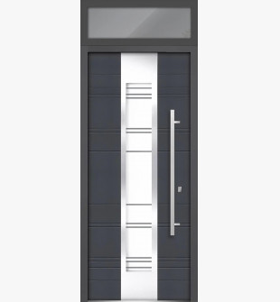 Front Exterior Prehung Steel Door / Deux 0757 Gray Graphite / Top Exterior Window / Stainless Inserts Single Modern Painted-W36" x H80+16"-Left-hand Inswing