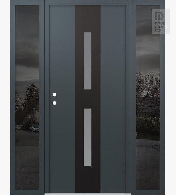 Modern Steel Front Door DIAMOND A6 68" X 80" ANTHRACITE/ANTHRACITE FROSTED GLASS PANEL BLACK RHI WITH 2 SIDELITES MIRRORED GLASS