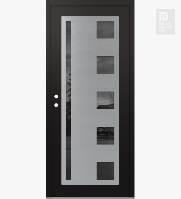 Modern Steel Front Door Diamond C3 36" x 80" black/black mirrored Glass Panel stainless steel RHI
