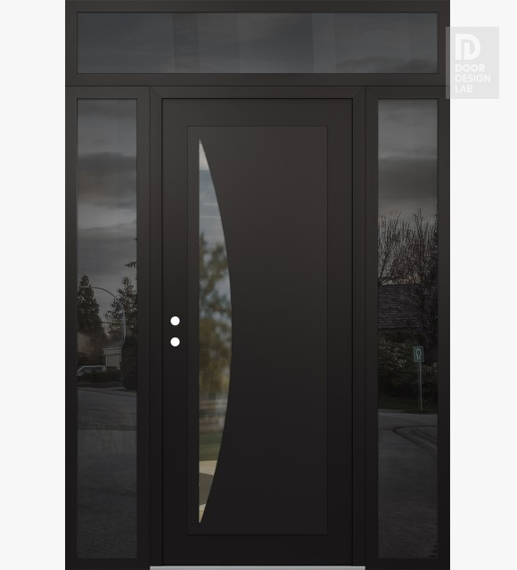 Modern Steel Front Door Diamond C13 68" x 96" black/black clear Glass Panel black RHI with 2 Sidelites and Transom mirrored Glass