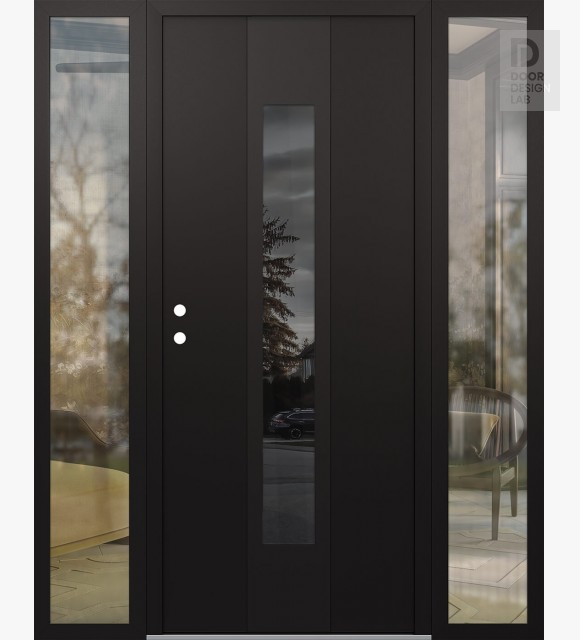 Modern Steel Front Door DIAMOND A1 68" X 80" BLACK/BLACK MIRRORED GLASS PANEL BLACK RHI WITH 2 SIDELITES CLEAR GLASS