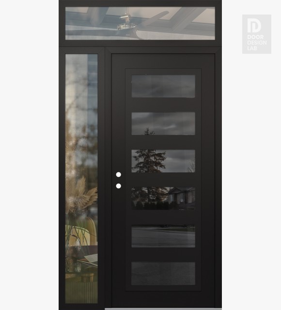 Modern Steel Front Door Diamond C9 50" x 96" black/black mirrored Glass Panel black RHI with Sidelite and Transom clear Glass