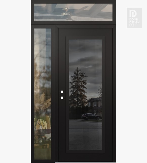 Modern Steel Front Door Diamond C1 50" x 96" black/black mirrored Glass Panel black RHI with Sidelite and Transom clear Glass