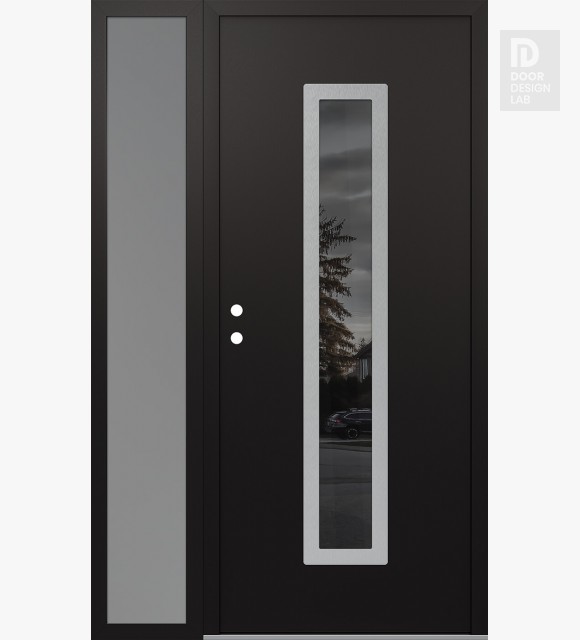 Modern Steel Front Door DIAMOND A11 50" X 80" BLACK/BLACK MIRRORED GLASS PANEL STAINLESS STEEL RHI WITH SIDELITE FROSTED GLASS