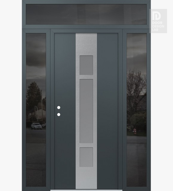 Modern Steel Front Door DIAMOND A9 68" X 96" ANTHRACITE/ANTHRACITE FROSTED GLASS PANEL STAINLESS STEEL RHI WITH 2 SIDELITES AND TRANSOM MIRRORED GLASS