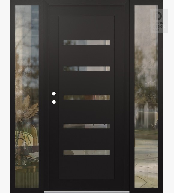 Modern Steel Front Door Diamond C7 64" x 80" black/black clear Glass Panel black RHI with 2 Sidelites clear Glass
