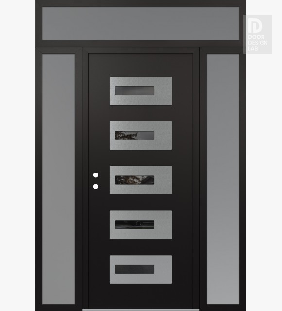 Modern Steel Front Door Diamond D6 64" x 96" black/black mirrored Glass Panel stainless steel RHI with 2 Sidelites and Transom frosted Glass