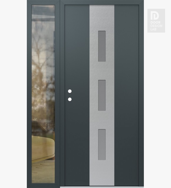 Modern Steel Front Door DIAMOND A7 48" X 80" ANTHRACITE/ANTHRACITE FROSTED GLASS PANEL STAINLESS STEEL RHI WITH SIDELITE CLEAR GLASS