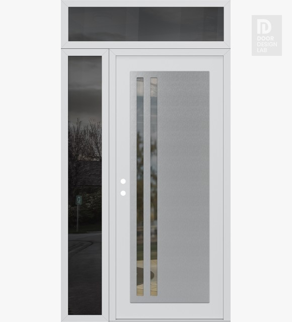 Modern Steel Front Door Diamond C6 48" x 96" white/white clear Glass Panel stainless steel RHI with Sidelite and Transom mirrored Glass