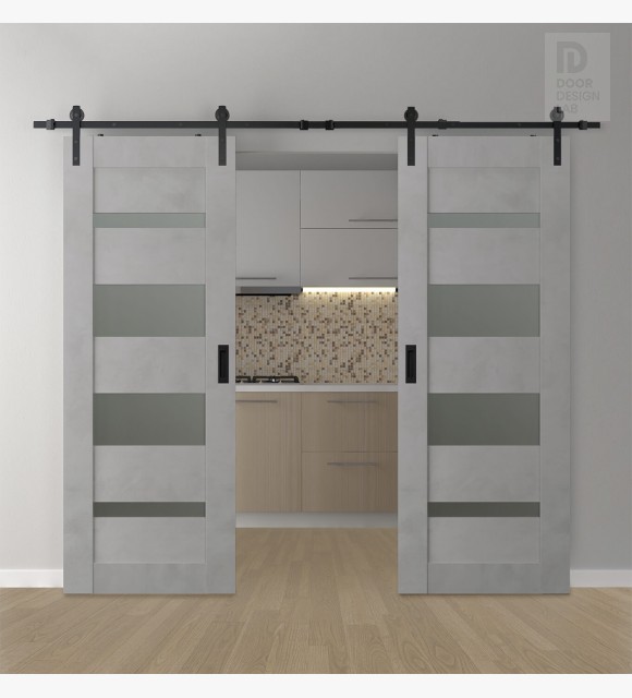 DOUBLE BARN DOOR AVON 07-01 VETRO LIGHT URBAN 64" X 80" X 1 3/4" BLACK HARDWARE